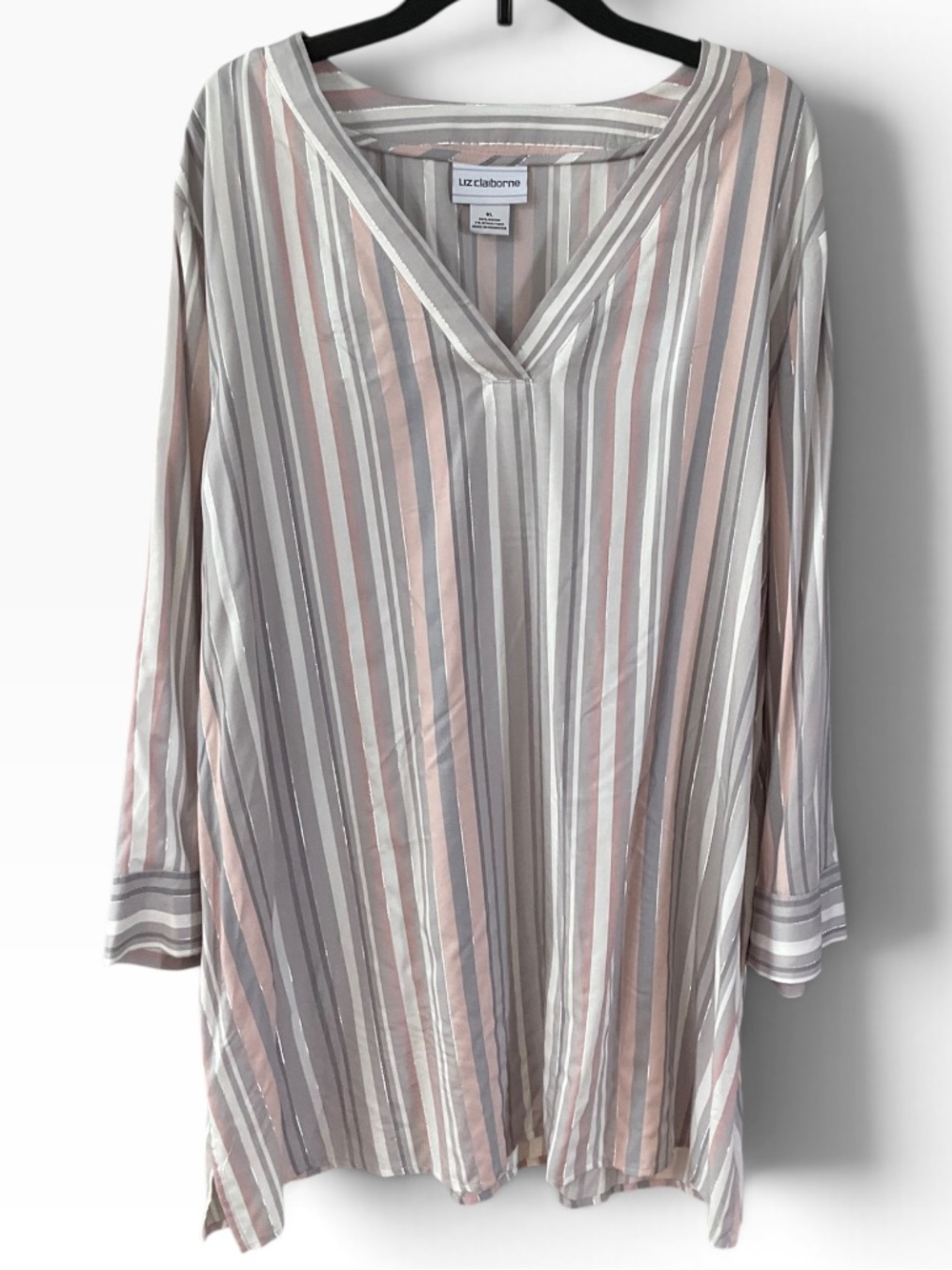 Liz Claiborne Women’s Striped V-Neck Tunic in Pink, Gray & White Size XL EUC